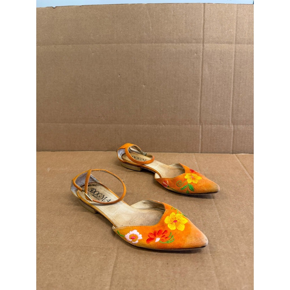 Dogma Floral Embroidered Suede Pointed Toe D'Orsay Flats Orange Size 37 EU